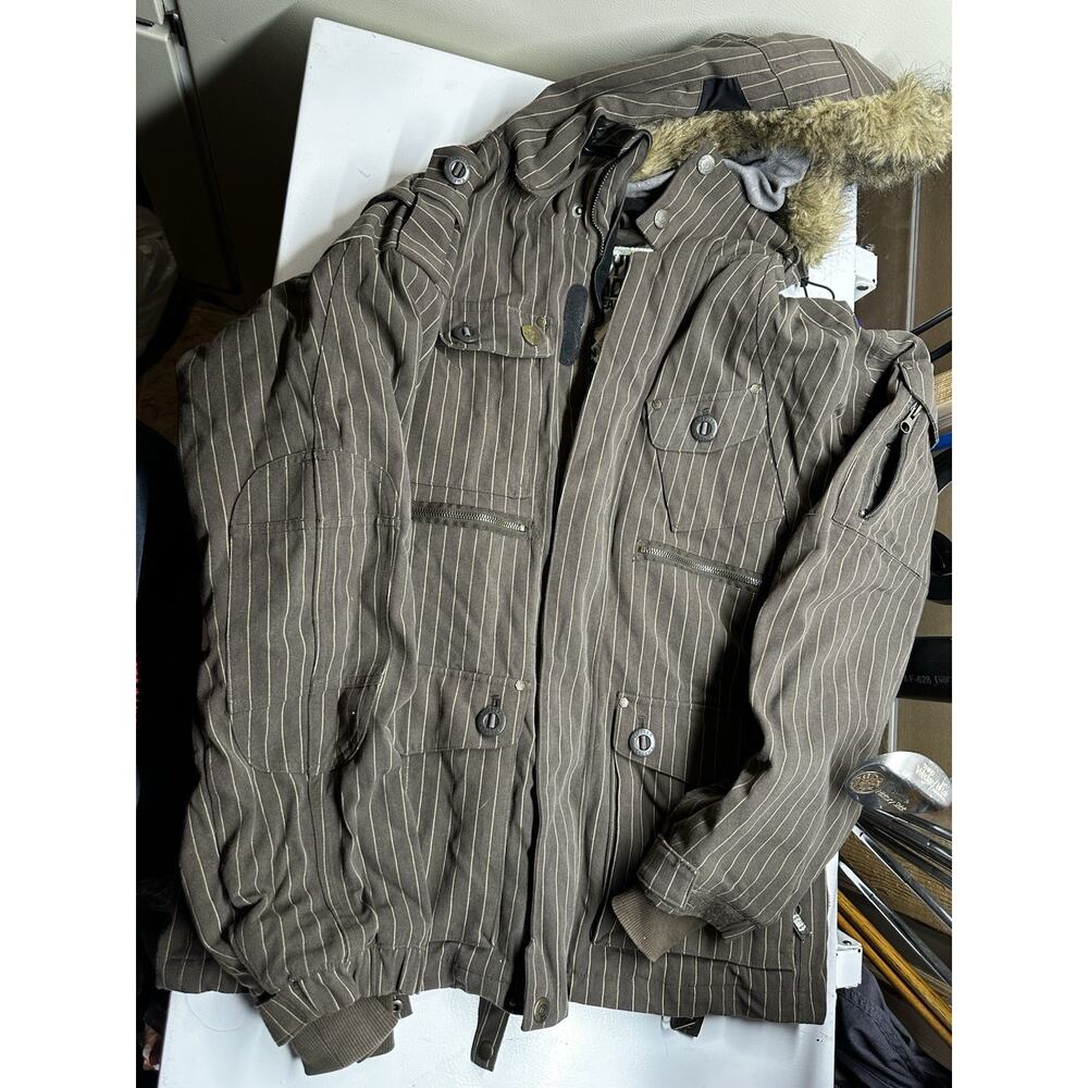 EMPYRE Jacket Winter Coat / Fur Hood Brown Striped Thick Pockets Men’s Medium